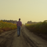 Man walking thoughtfully along a quiet rural road